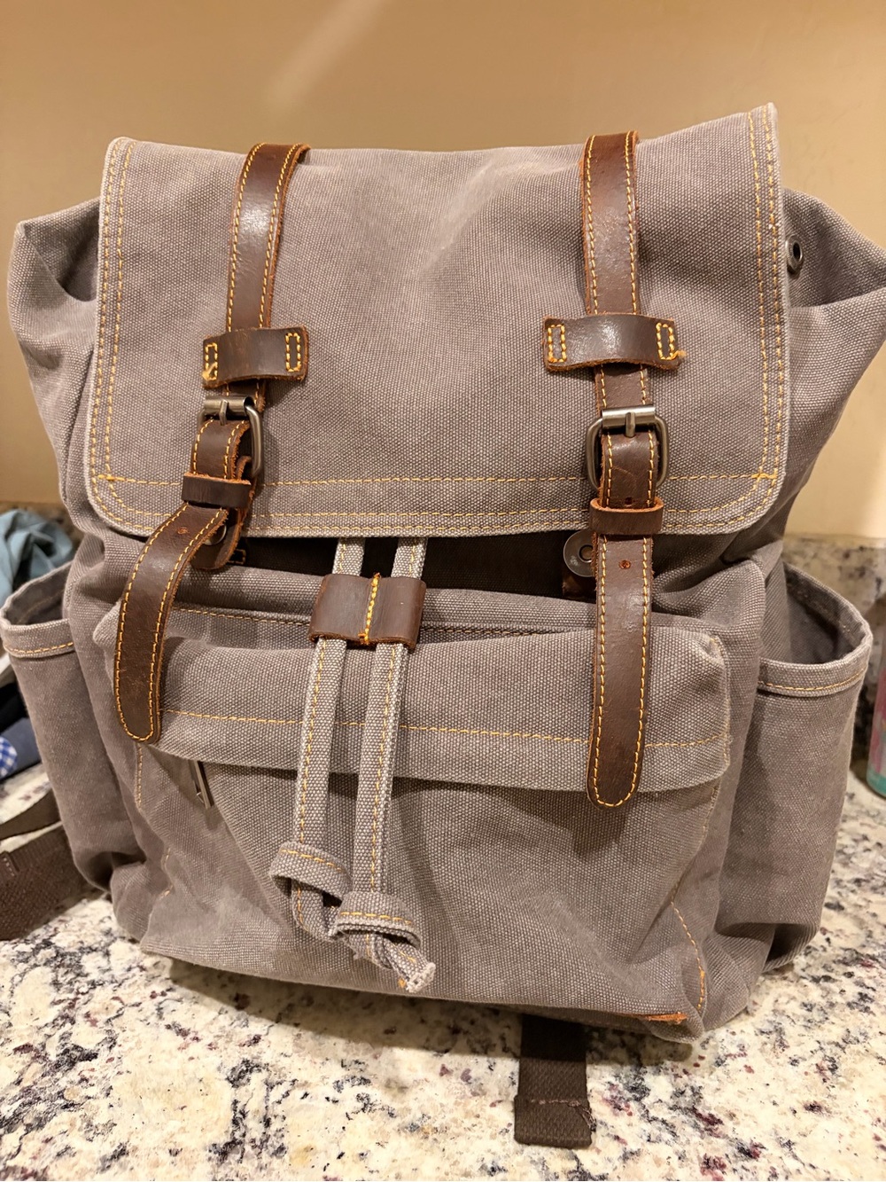 Casual Canvas Backpack with Brown Leather Straps - Gray